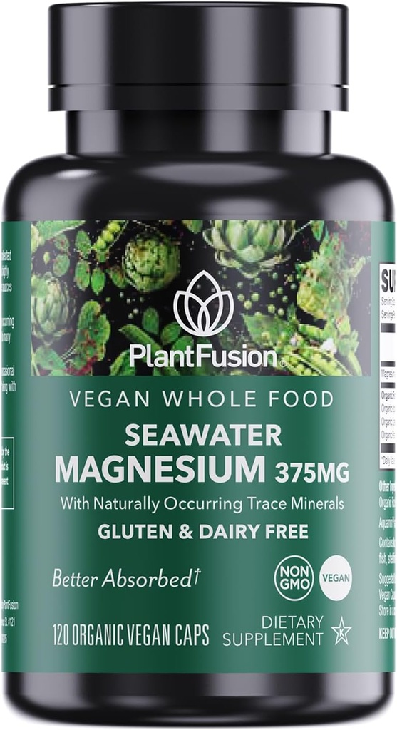 PlantFusion Vegan Magnesium Complex 375mg uit Zeewater, Bio available Marine Magnesium met gefermenteerd biologisch Whole Food Blend, Non-GMO, Muscle & Relaxation Support, 120 Cap