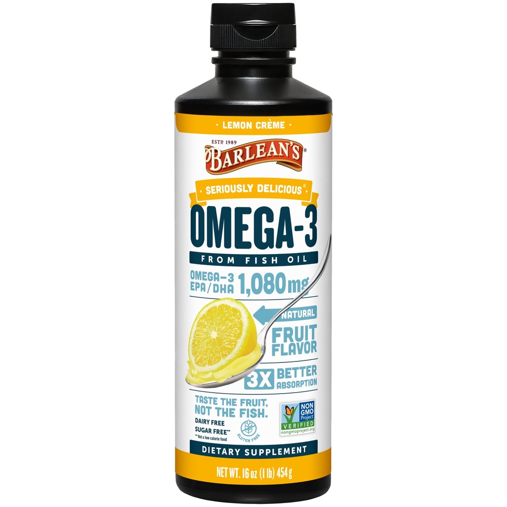 Barlean's Omega 3 supplément liquide d'huile de poisson pour les hommes et les femmes, crème de citron, 1080mg de Omega 3 EPA et acide gras DHA, 16 oz
