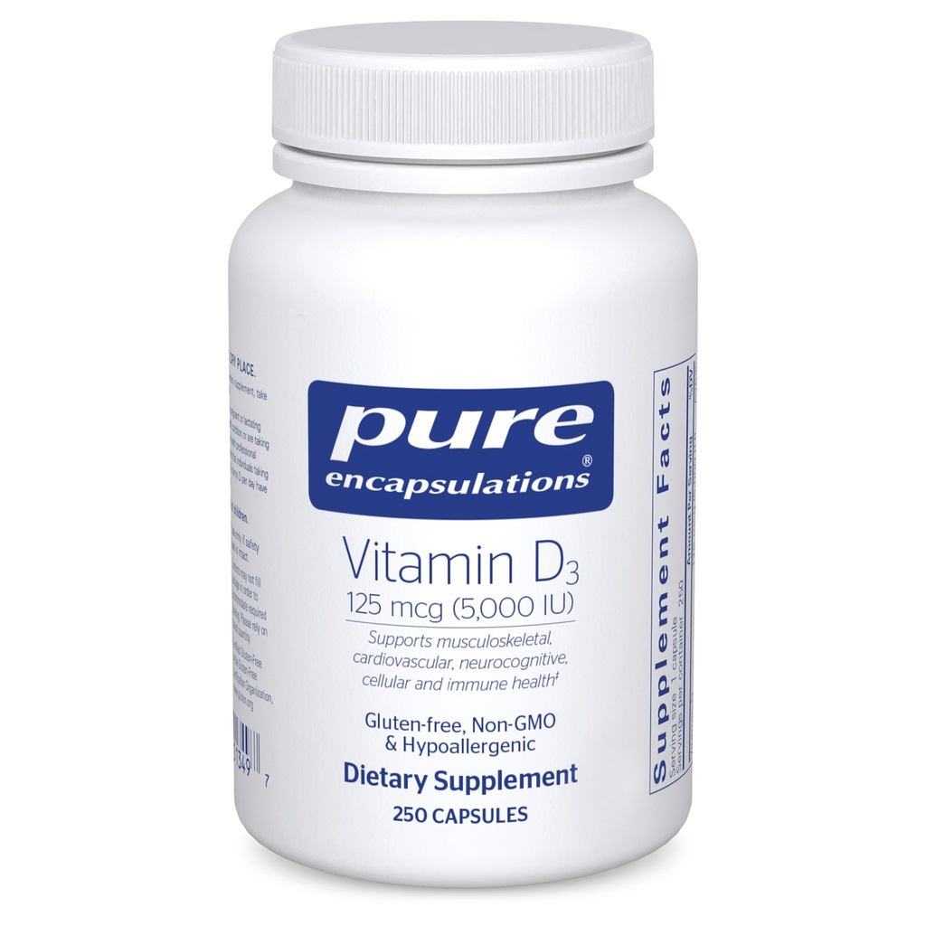 Pure Encapsulations Vitamine D3 125 mcg (5.000 IE) - Supplement voor ondersteuning bot, gewrichts-, borst-, hart-, colon- en immuungezondheid* - met vitamine D - 250 capsules