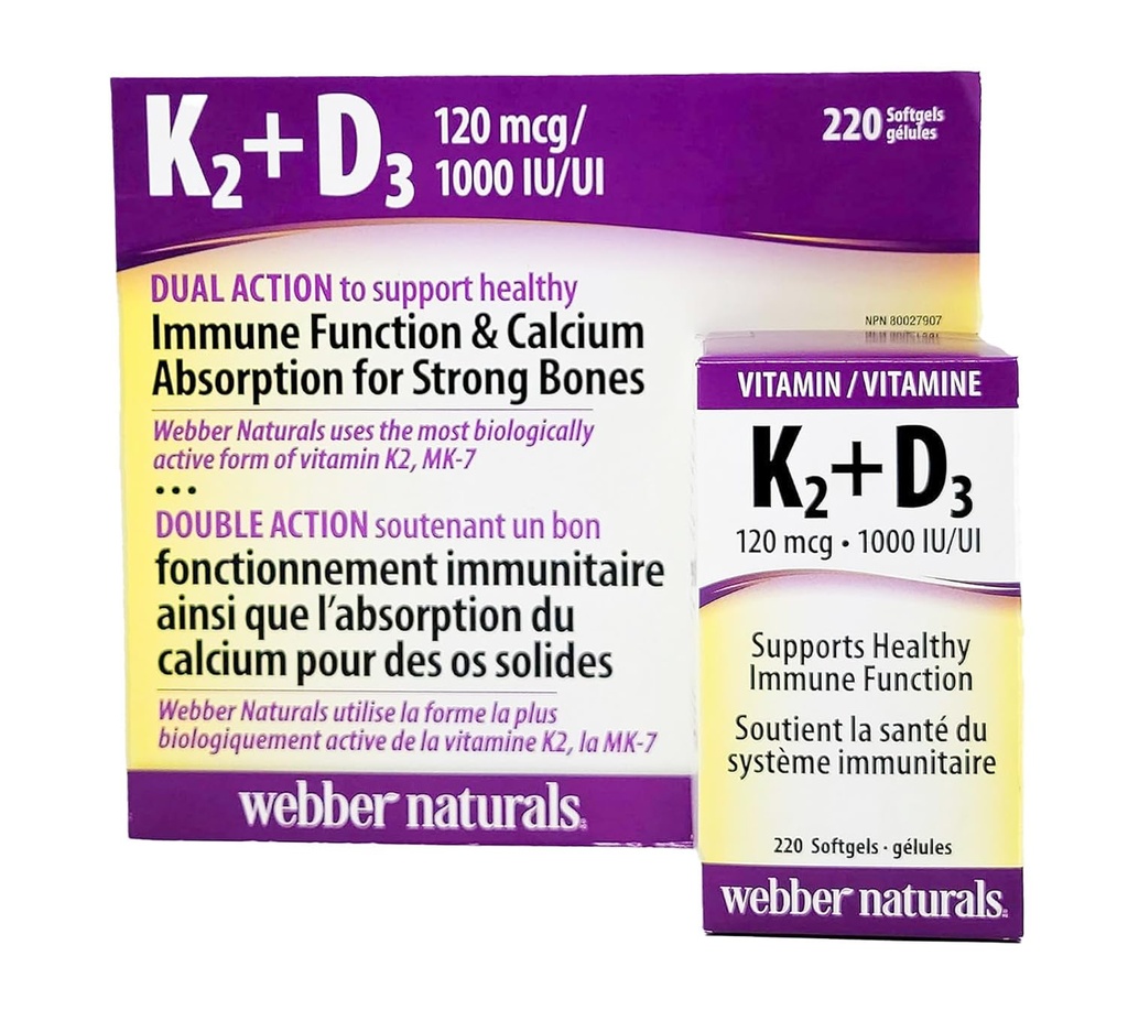 Webber Naturals K2 + D3 120 mcg/1000 IE, Ondersteunt gezonde immuunfunctie - 220 softgels