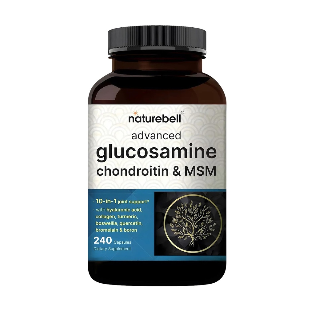NatureBell Advanced Glucosamine Chondroitin MSM Supplément, 240 Capsules de 10-en-1 Complexe de soutien articulaire – avec acide hyaluronique, collagène, curcuma, boswellia, et plus – Non-OGM