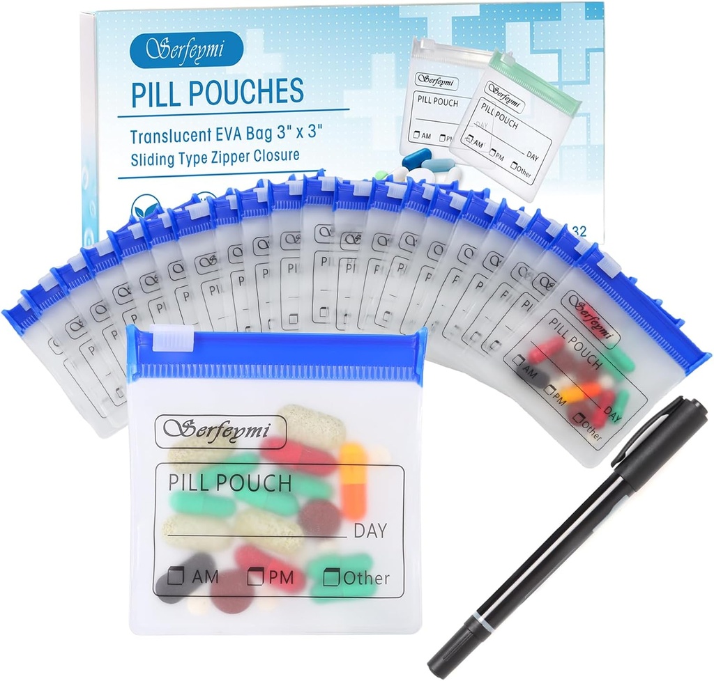 Serfeymi 32 stuks Zippered Pill Pouches Organizer Plastic Tassen 3 X 3 Inch 12 mil Zelfverzegeling met schuifslot Schrijfbare label Translucent Travel Medicine Bag Case en 1 PC Marker-Blue