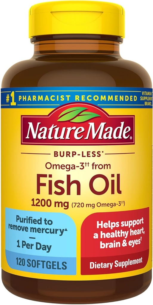 Nature Made Burp Minder Omega 3 Visolie Supplementen, 1200mg, EPA DHA Omega 3 Supplement als ethylesters, visolie Softgels voor gezonde hart, hersenen en ogen ondersteuning, een per dag, 120 Softgels