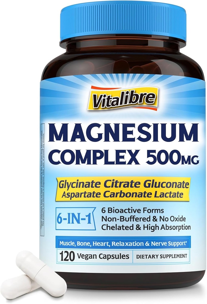 Magnesiumcomplex 500mg, 6 in 1 Gecheld Magnesium Glycinaat, Citroen, aspartaat, Gluconaat, Carbonaat & Lactaat, Max Absorptie Supplement voor Slaap & Kalm, 120 Vegan Caps, Geen Magnesio Oxide
