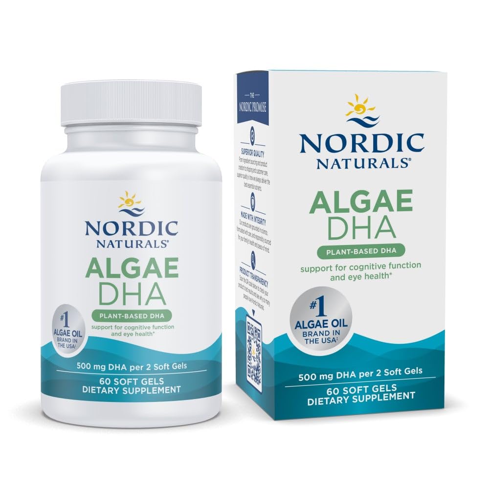 Nordic Naturals Algae DHA - 60 gels mous - 500 mg Omega-3 DHA - Huile d'algue végétale certifiée - DHA végétale - Soutien du cerveau, des yeux et du système nerveux - Non-OGM - 30 portions