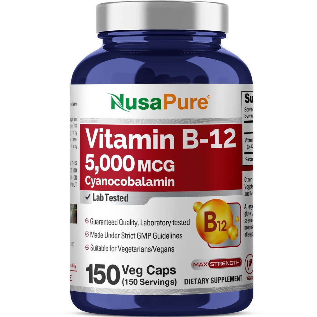 NusaPure Vitamine B12-5000 MCG 150 Veggie Capsules (Non-GMO, Vegan) - Max Sterkte Vitamine B12