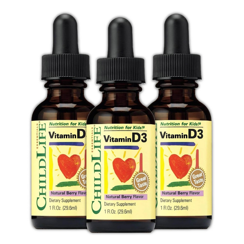 KINDLIFE ESSENTIALS Vitamine D3 druppels voor kinderen, kinderen, & peuters - vloeibare vitamine D druppels, 500 IE per druppel, Immune & Bone Health Support, natuurlijke Berry - 1 Fl Oz (pakket van 3)