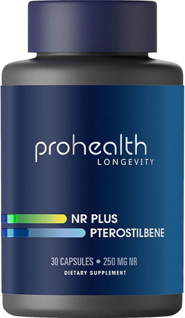 ProHealth NR + Pterostilbene. Bevordert de levensduur, energie en gezond ouder worden. Beschermt hart + hersenen gezondheid. Ondersteunt Cellular Repair. 250mg Niagen Nicotinamide Riboside + 40mg Pterostilbene, 30 Caps