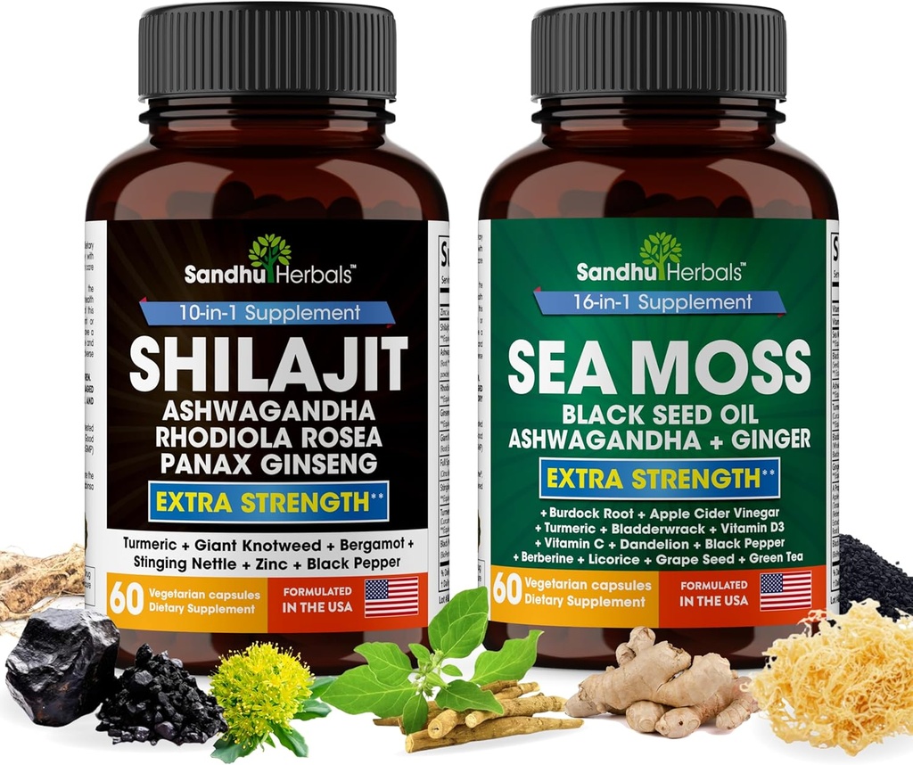 SANDHUHERBALS Sandhu Kruidenbundel - Zeemos, Shilajit, Zwarte Zaadolie, Ashwagandha, Ginger, Rhodiola Rosea, Panax Ginseng, Stinging Nettle