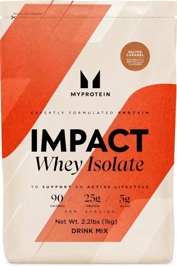 Myprotéine Impact Whey Protein Isolate, 2,2 Lbs (40 portions) Caramel salé, 21g Protéines et 6g BCAA par portion, sans gluten Shake pour la force musculaire et la récupération