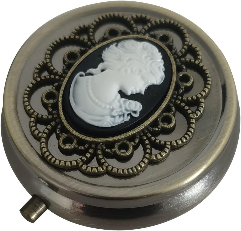 Organisateur de la Pilule de Bronze, Boîte de Médecine Portable pour Poche ou Purse, Porte-vitamine métallique décorative, Petit récipient à pilule classique, Cadeau créatif unique pour les femmes