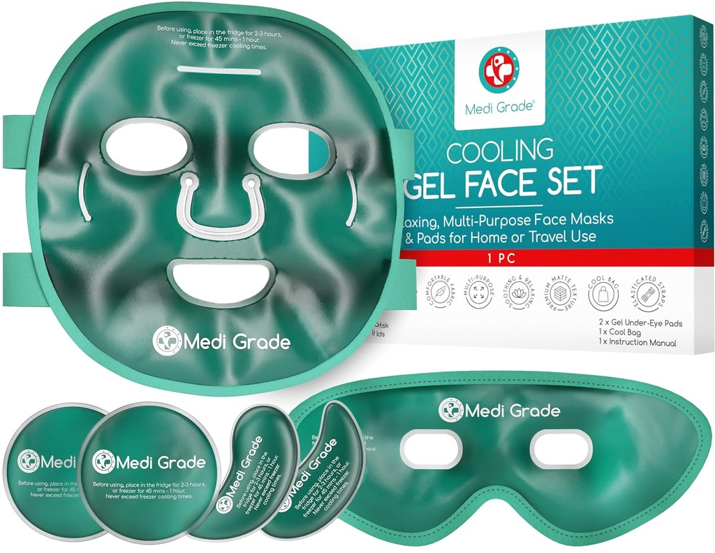 Media Grade Koelende IJsmasker en koelend oogmasker voor gezwollen ogen & Migraine Relief - Self Care Face Ice Pack met ChillGel gezicht ijsmasker technologie - Koelend gezicht masker, oog Pads en zak