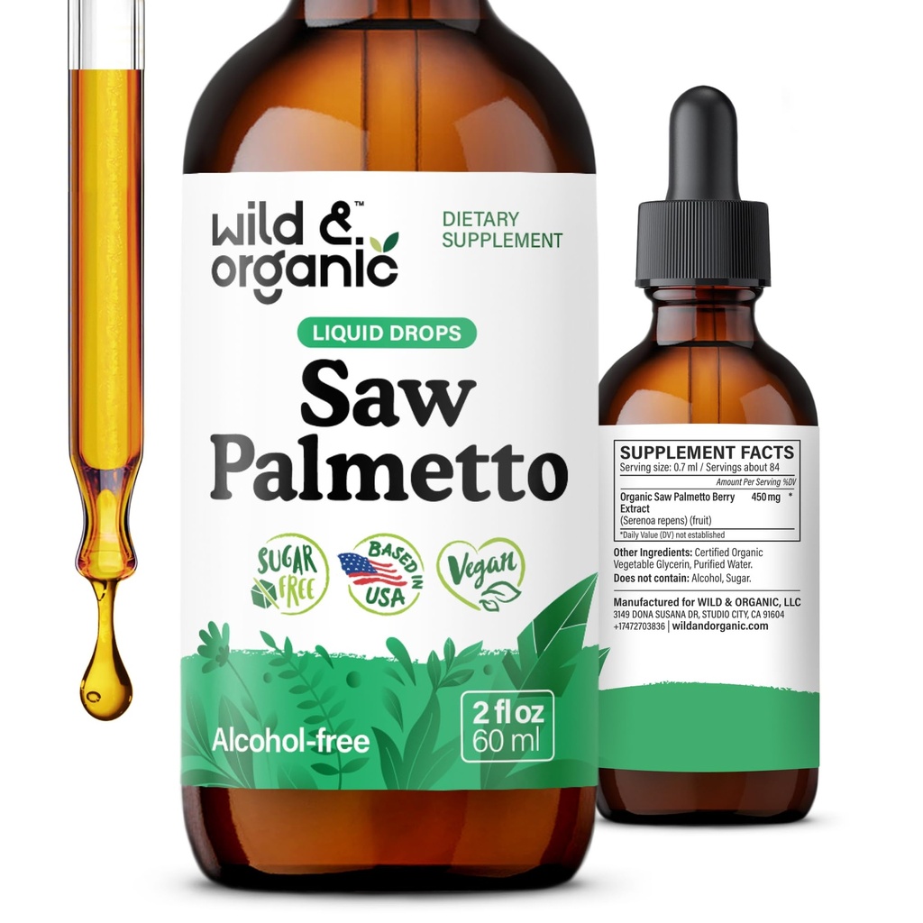 Wild & Organic Saw Palmetto Extract Drops - Urinaire ondersteuning - Saw Palmetto voor mannen en vrouwen - Liquid Serenoa Repens Berrys Supplement - Vegan, Sugar & Alcohol-Free - 2 fl oz