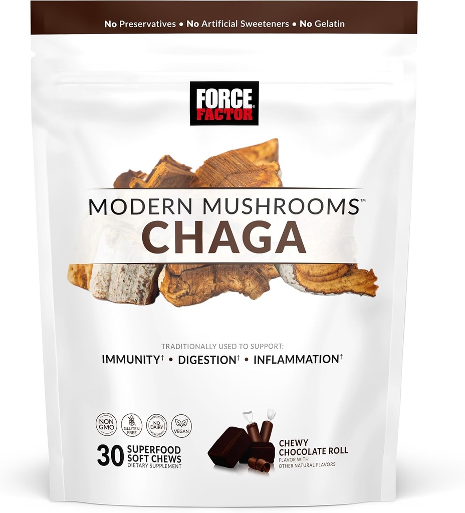 FORCE FACTOR Moderne Paddenstoelen Zachte Kauwen, Chaga Paddenstoelen Supplement ter ondersteuning van Immuniteit, Digestie, & Gut Health, Antioxidanten Supplement, Heerlijke Chewy Chocolade Roll smaak, 30 Zachte Kauwen