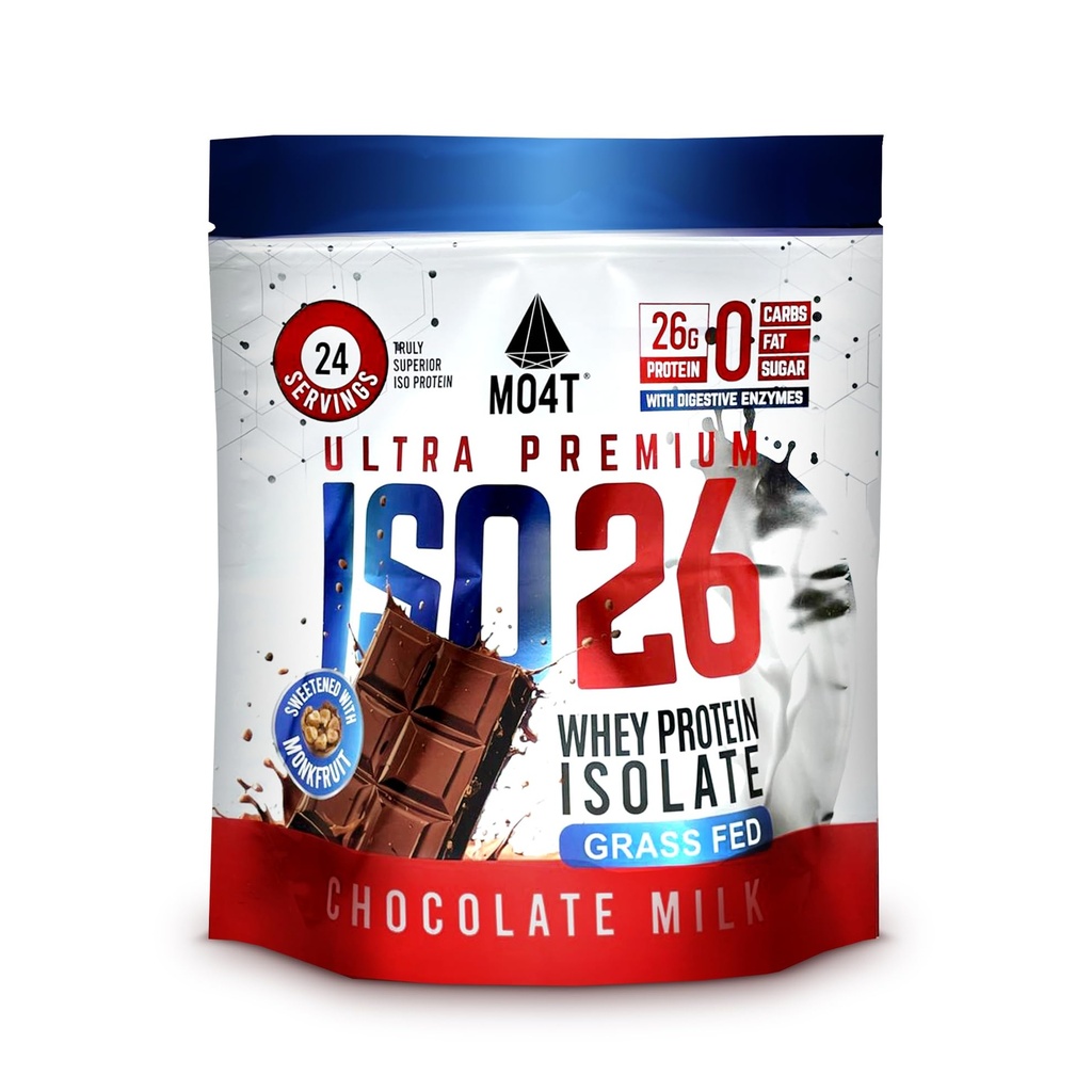 ISO26 Isolation de protéines de lactosérum à l'herbe sans édulcorants artificiels. Naturellement sucré avec des fruits de la Moine, 1,6 livre, 24 portions, lait de chocolat.