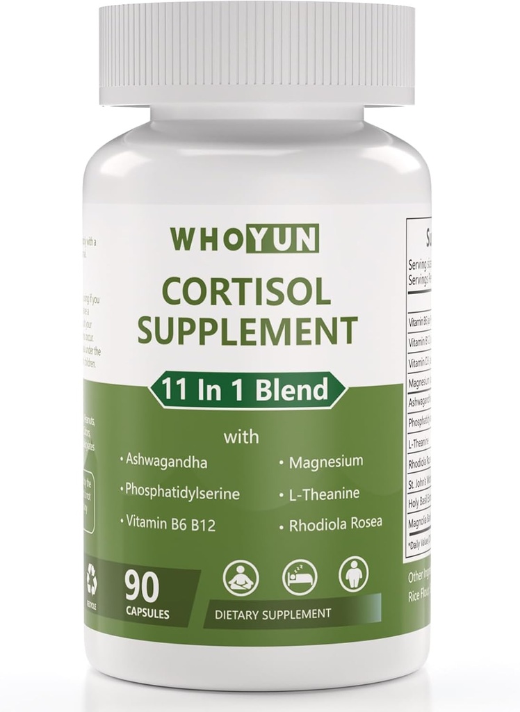Cortisol Supplement voor vrouwen, 11 in 1 Lager Cortisol Mengen met Ashwagandha, Fosfatidylserine, Magnesium, L-Theanine, Vegan, 90 Capsules