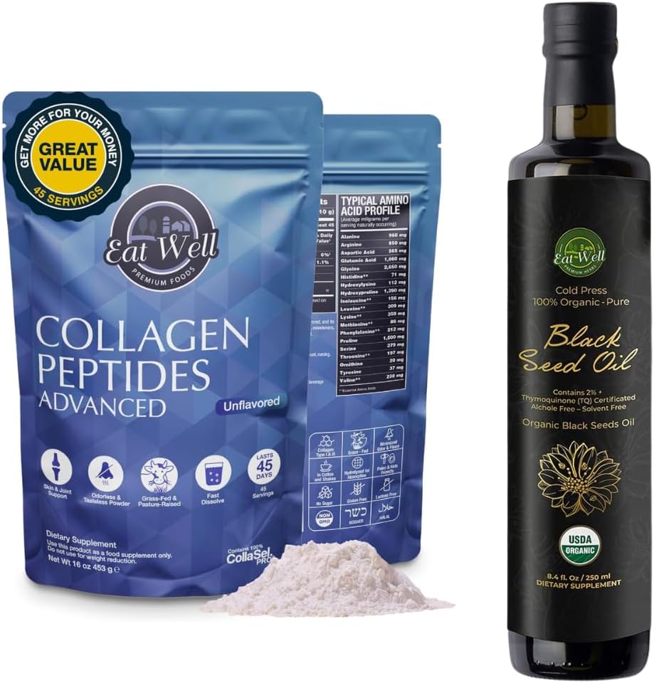 EAT WELL PREMIUM VOEDSELS Collageen Peptides Poeder Proteïne 45 Serves, 16oz & USDA Biologische Zwarte Zaadolie 8,4 FL oz Fles