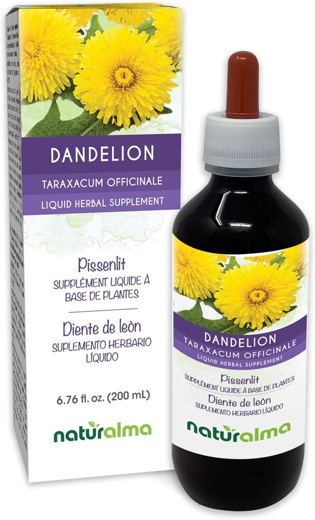 Naturalma Paardenbloem (Taraxacum officinale) Wortel- en kruid Alcoholvrije Tinctuur - 6,76 fl oz Liquid Extract in druppels - Kruidensupplement - Veganistisch