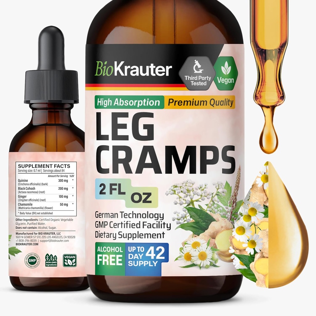 BIO KRAUTER Leg Cramps Tinctuur met Quinine - Gember en kamille Liquid Extracten voor benen Kraampjes - Natuurlijke Alcohol en Suiker Vrij Formule - Vegan Drops 2 Fl.Oz.