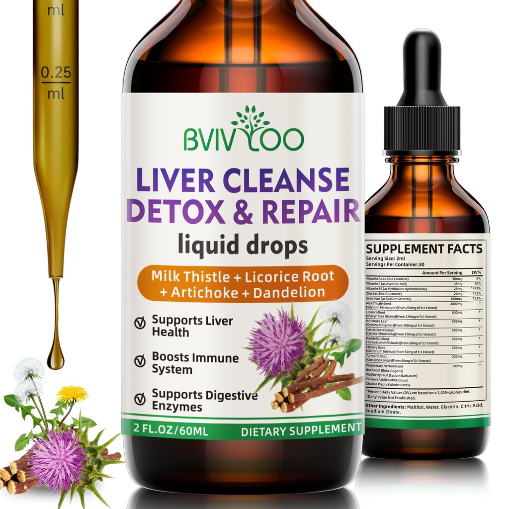 Liver Cleanse Detox & Repair Liquid Drops - 2000mg Milk Thistle, Dandelion Root, Artichoke, Silymarin Extract, & Turmeric Herbs - Vegan, Non-GMO - 2 Fl Oz (60ml) Fles