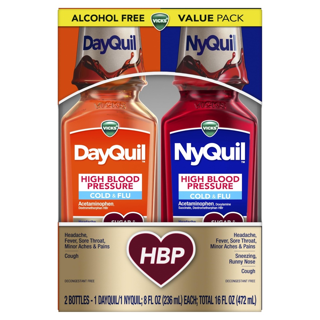 VICKS DayQuil & NyQuil Hoge bloeddruk Koude en grieprelief Liquid Medicine Co-pack, krachtige multi-symptoom dag en nacht verlichting voor koude, hoest en griep symptomen, suiker & alcoholvrij, 2x8oz