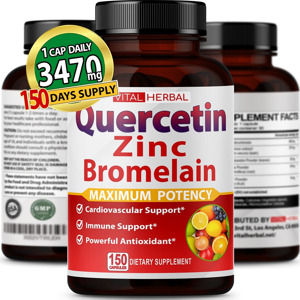 Premium hoge zuiverheid quercetine 98% met bromelaïnecapsules voor maximale sterkte met groene thee Ashwagandha - Ondersteunt totale gezondheidssterkte energie - 150 dagen levering
