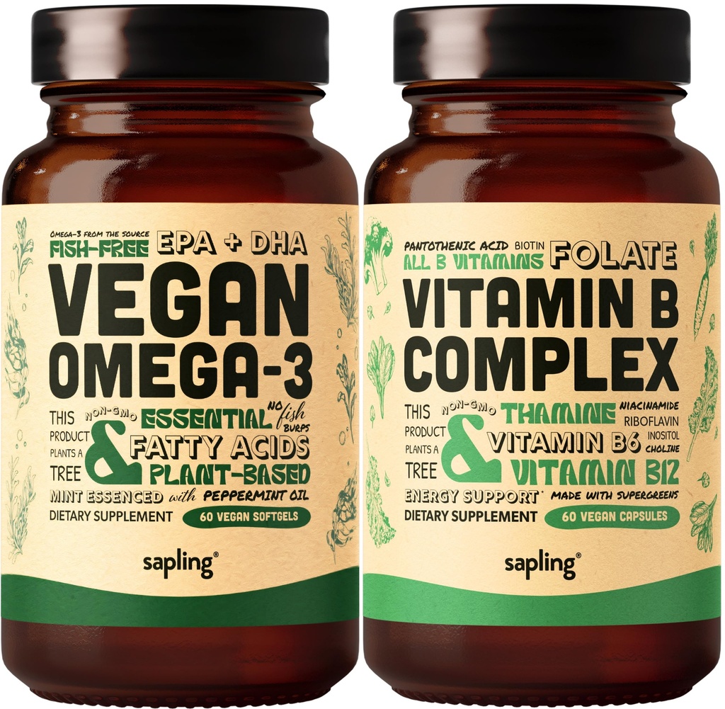 Vegan Omega 3 & Vegan Vitamin B Complex B-bundel - plantaardige DHA & EPA vetzuren, essentiële B-vitaminen met hele voedsel Blend, B1, B2, B3, B5, B6, B7, Folaat