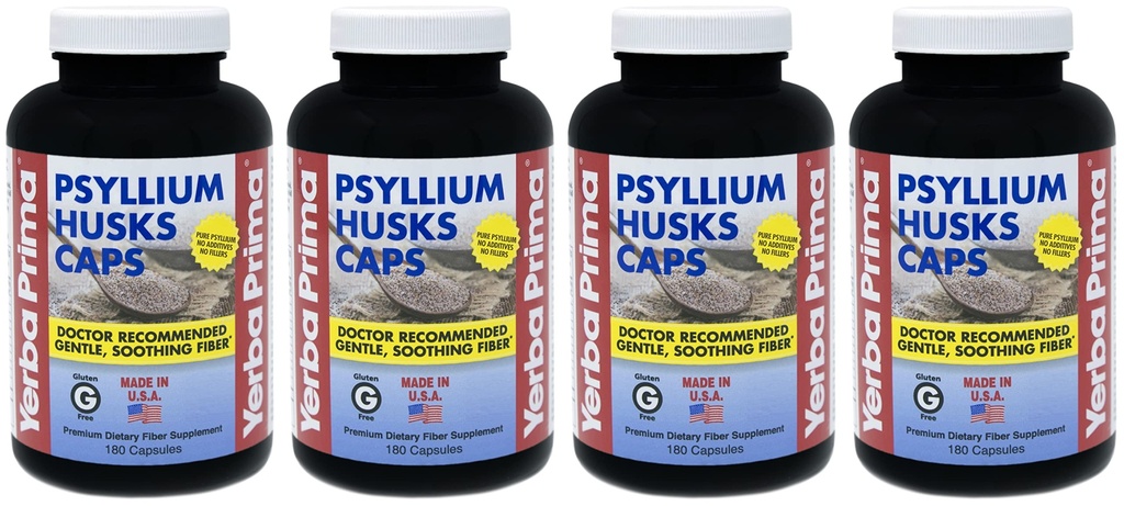 Bouchons de musculation en psylium primaire Yerba - 180 bouchons (paquet de 4) - Supplément en fibre naturelle - Non-OGM Sans gluten