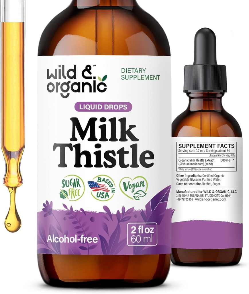 Wild & Organic Milk Thistle Extract Drops - Leverreiniging Ondersteuning - Melkdistel Lever Detox Tinctuur - Silymarin Supplement - Silybum Marianum Seeds - Vegan, Sugar & Alcohol-Free - 2 fl oz