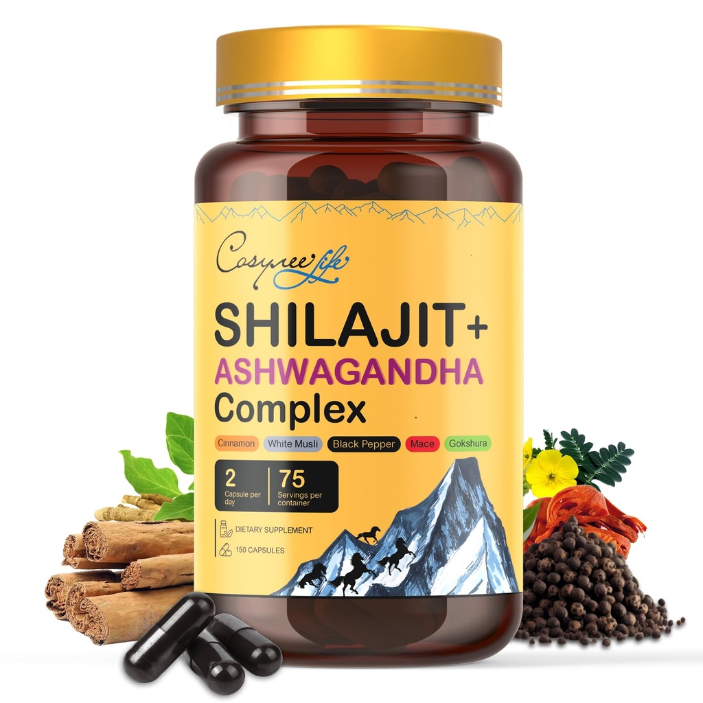 Himalayan Shilajit- Complexe avec Ashwagandha, Mace, Gokshura, Cinnamon & Piperine Trace Minerals, Shilajit pour hommes, Shilajit pour femmes, Dose régulière - 150 Capsules