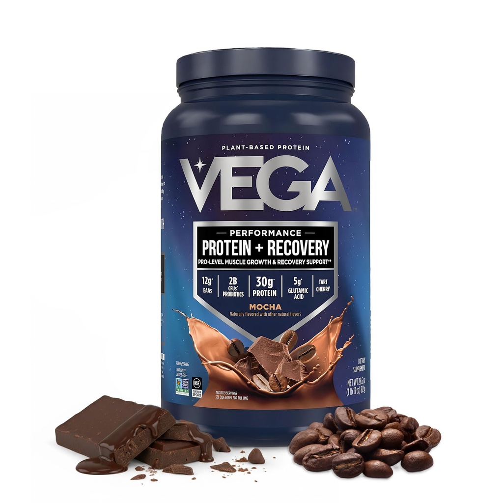 Vega Sport Vegan Protein Powder + Recovery - 30g Plant Based Protein per Serving, Mocha, 19 Servings, 5g BCAAs, Probiotica, NSF Certified, For Shakes & Smoothies, 1.8lbs (Packaging May Vary)