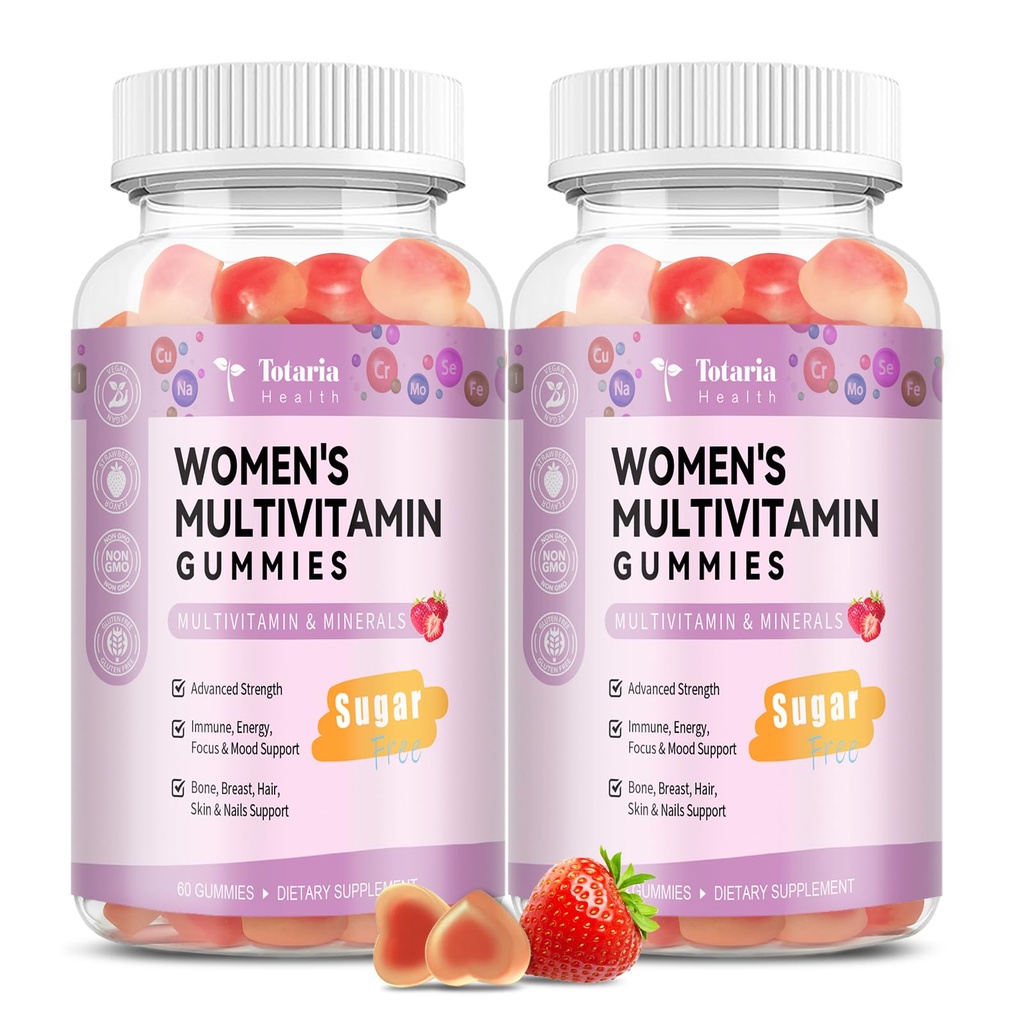 Totaria Sugar Free Multivitamine Gummy's voor vrouwen 14+ w/Inositol, Iron, Folate, Biotin, Womens Daily Multivitamine Gummy w/Vitamine A, D, C, B, Support Hair, Skin, Energy, Immune, Aardbei smaak