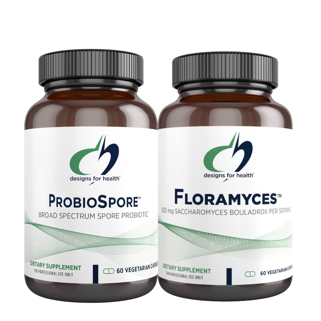 Designs for Health Saccharomyces Boulardii (60 capsules) + ProbioSpore Spore Based Probiotic (60 capsules) - 2 Gut Health Supplements - Houdbaarheid, zuurresistent Digestieve Probiotica