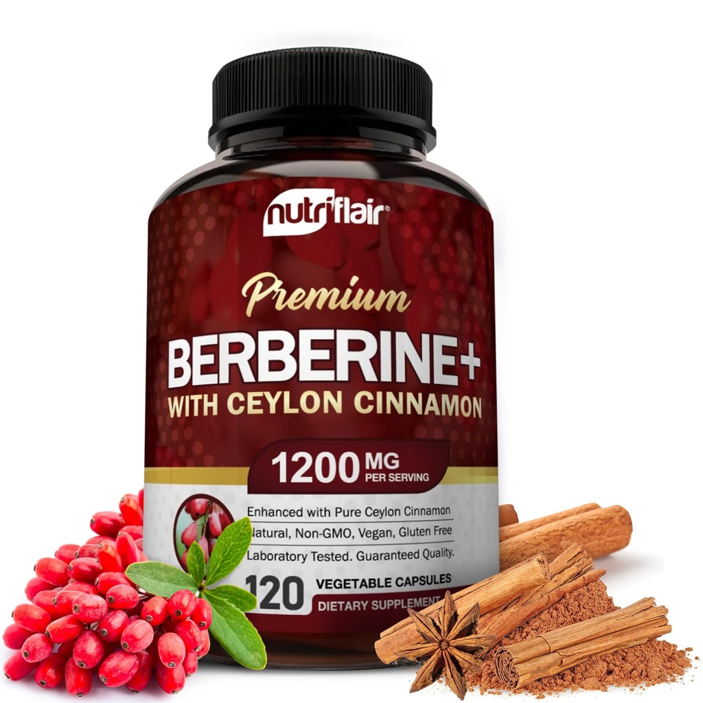 NutriFlair Premium Berberine HCL 1200mg, 120 Capsules - Plus Pure True Ceylon Cinnamon, Berberine HCI Root Supplementen Pillen - Immune System - levert een Optimale 8% HCl