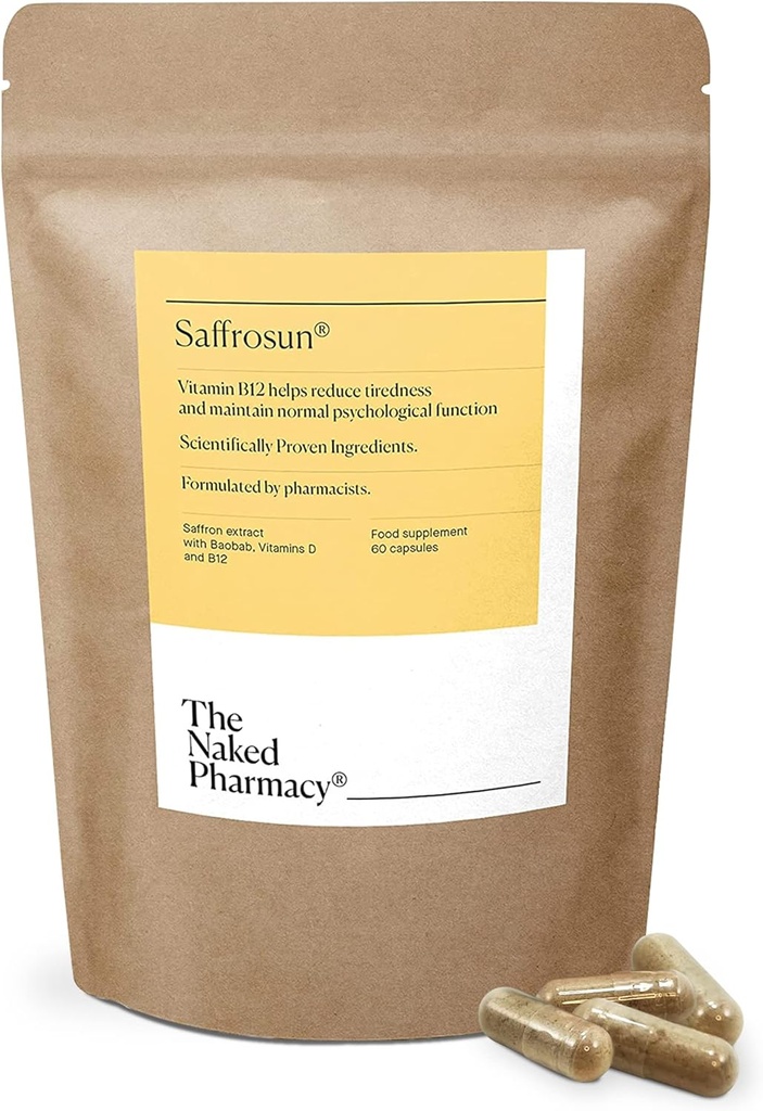THE NAKED PHARMACY | Saffrosun | Natural Saffron Supplements with Vitamin B12 | High Strength | Fatigue & Menopause | No Additives | Vegan | 60 Capsules