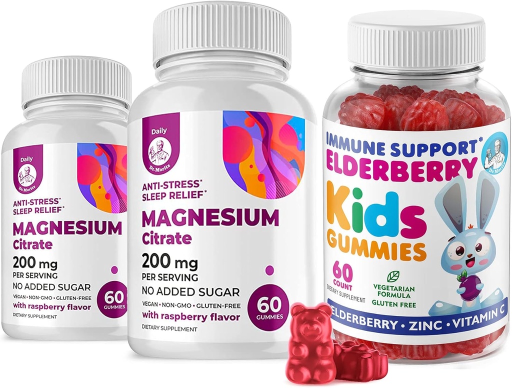 Vlierbessen Gummies voor kinderen en Magnesium 200 mg Gummies Sugar-Free - Gezonde Immuun Systeem Booster en gezondheid Ondersteuning met Vlierbessen Extract met Magnesium Kalm Kauwen voor kinderen & Volwassenen Suikervrije