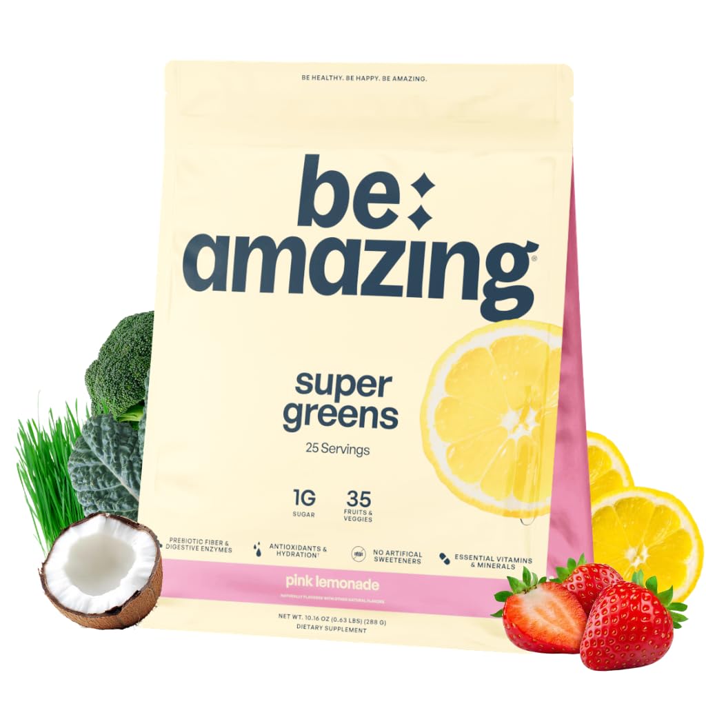 BE AMAZING Super Greens Powder with Prebiotics, Digestive Enzymes & Antioxidants, 35 Fruits & Veggies, Electrolytes & Fiber, Vegan, Gluten Free Juice & Smoothie Mix, Pink Limonade, 25 Servers