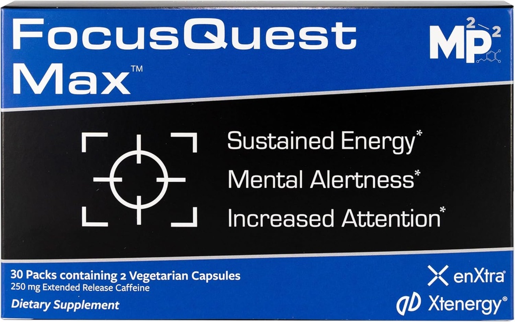 FocusQuest Max Focus Supplement with Extended Release Caffeine and L-Theanine, Nootropic Supplement for Energy and Productivity - Vegan, Gluten-Free for Professionals, Students, Busy Moms and Fitness