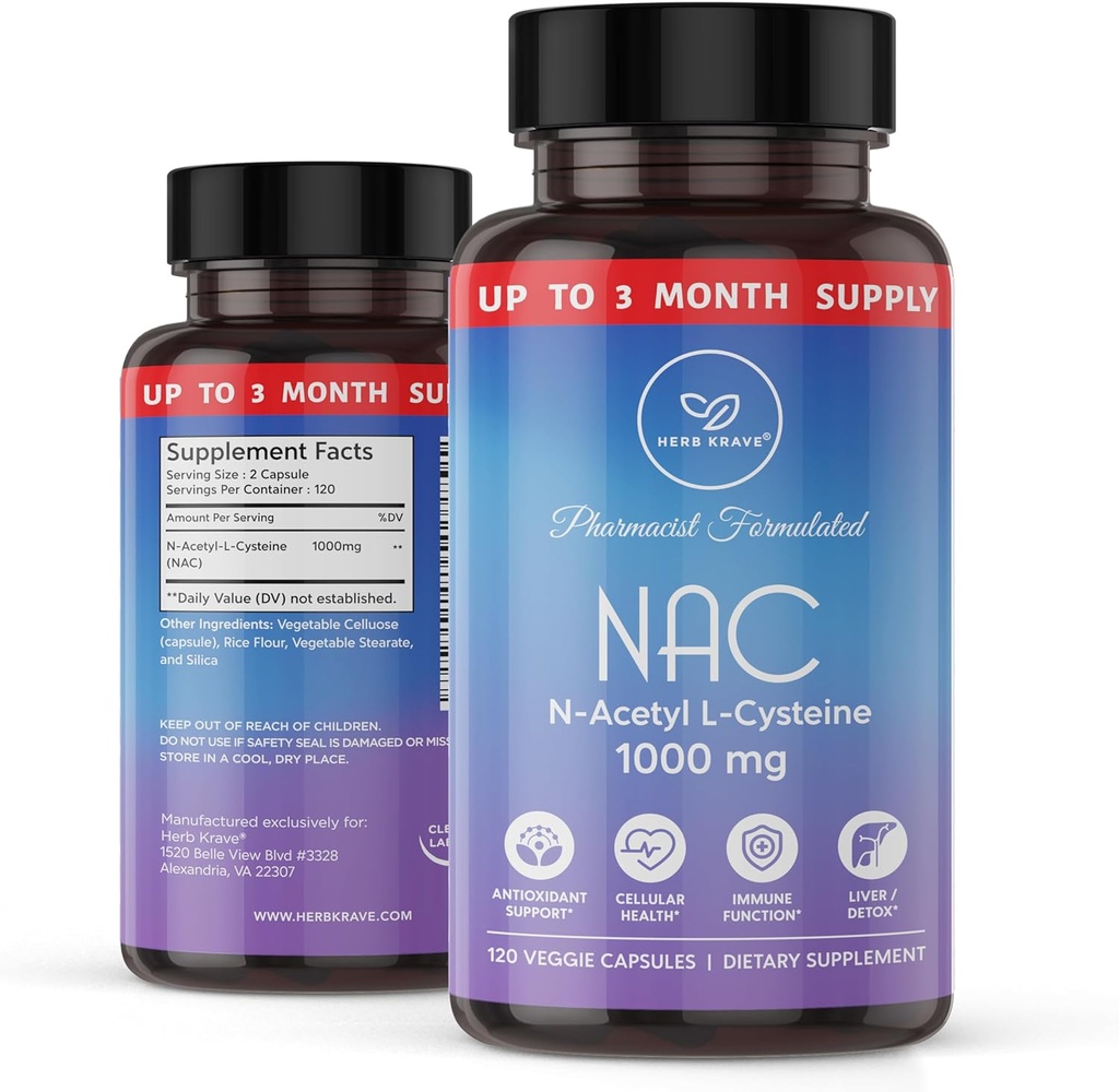 NAC Supplement N-Acetyl Cysteine 1000 mg, Aminozuur, Natuurlijke Antioxidant, Ondersteuning voor lever, Long, Immuunstelsel, Vruchtbaarheid 