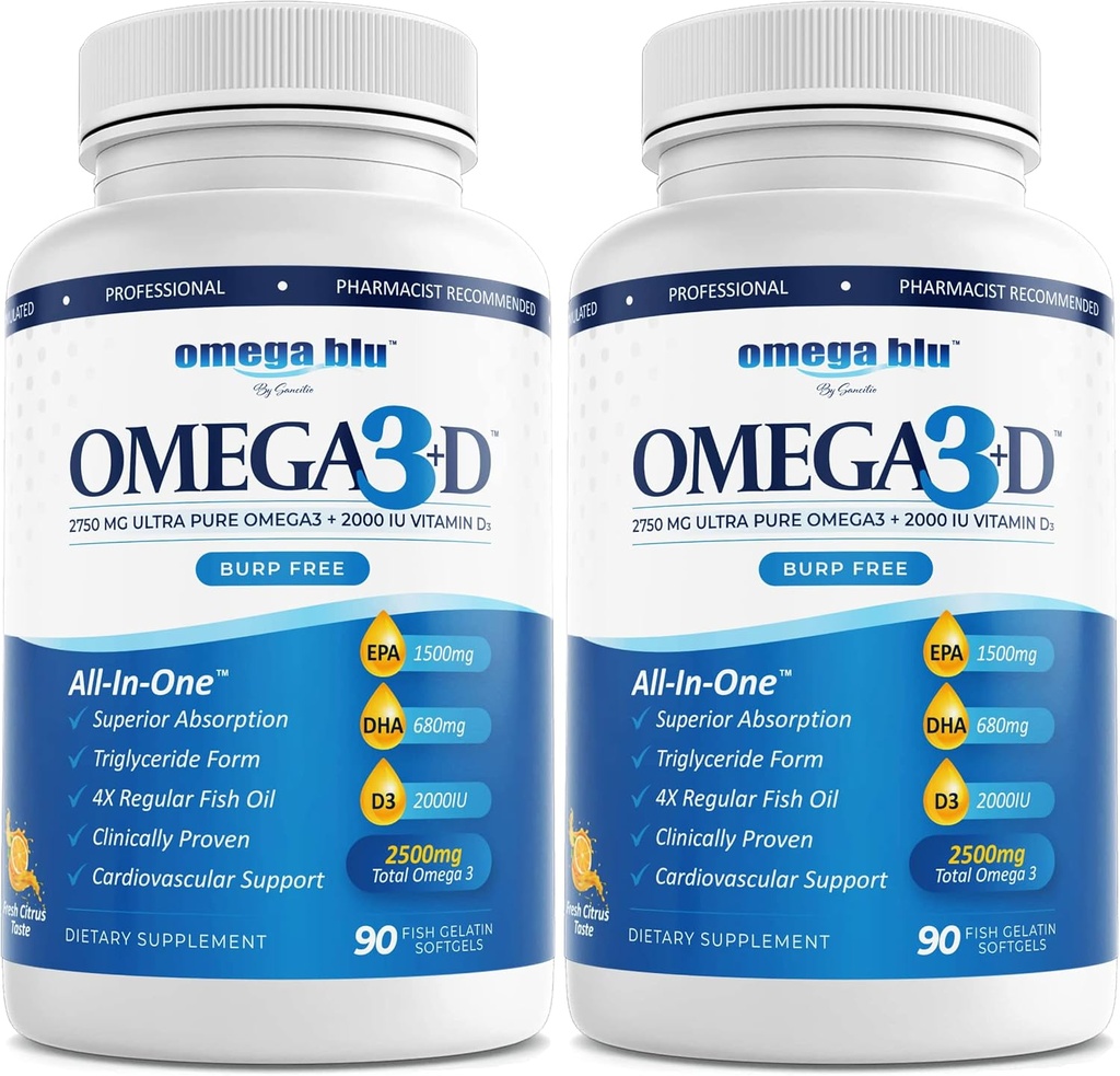Huile de poisson de qualité pharmaceutique Triple Strength 2750mg - Vitamine D3 50mcg - 1500mg EPA - 680mg DHA - Coeur - Cholestérol - LDL - HDL - Pas de Burps ou de brûlures d'estomac - Concentration élevée - 90 portions