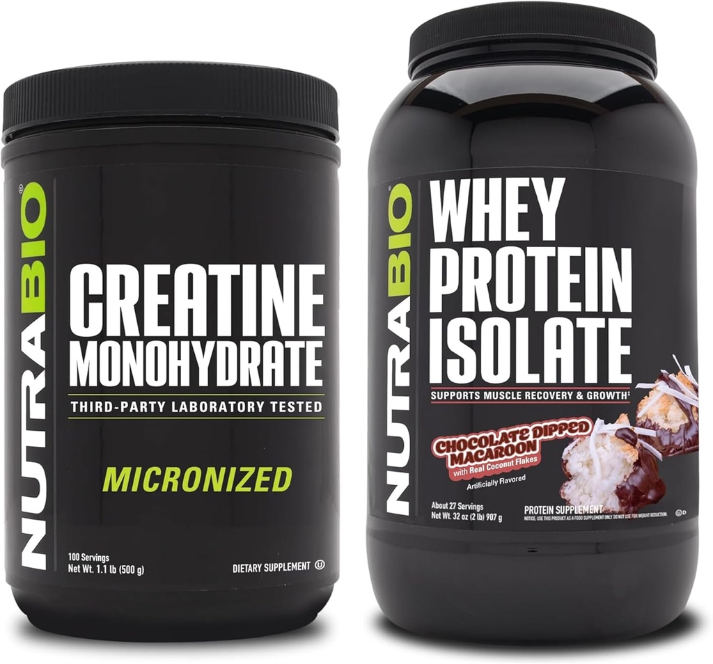 NutraBio Créatine monohydratée, non aromatisée, Isolée de protéines de 500g et de lactosérum, Macaroon trempé au chocolat, lot supplémentaire - Énergie musculaire, croissance musculaire maigre, récupération et force