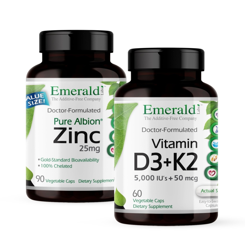 EMERALD LABS Vitamine D3+K2 (60 Caps) & zink 25mg (90 Caps) - Bone Health, Heart Support, Immune Support, Digestieve Gezondheid, Oxidatieve Stress Ondersteuning - Glutenvrij