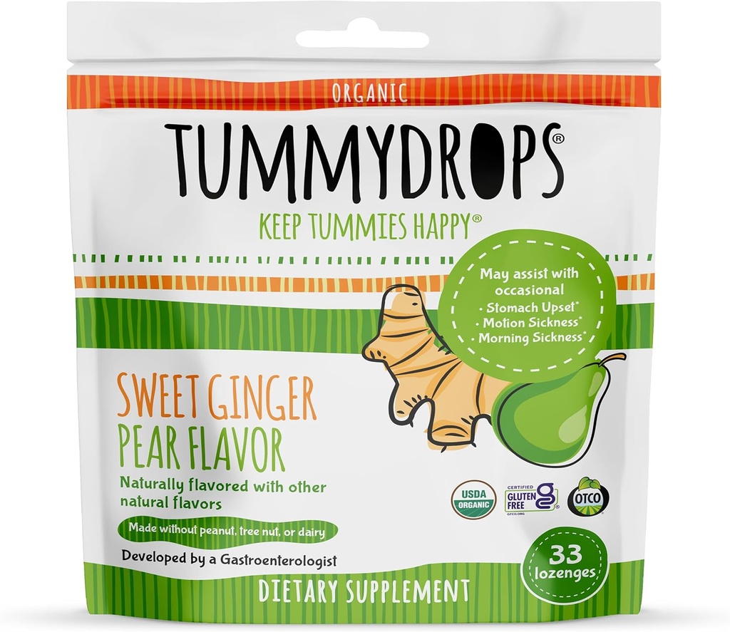 USDA Organic Sweet Ginger Pear Tummydrops, Glutenvrij & Vegan. 33 Individueel verpakte biologische Ginger Lozen in een hersluitbare tas.