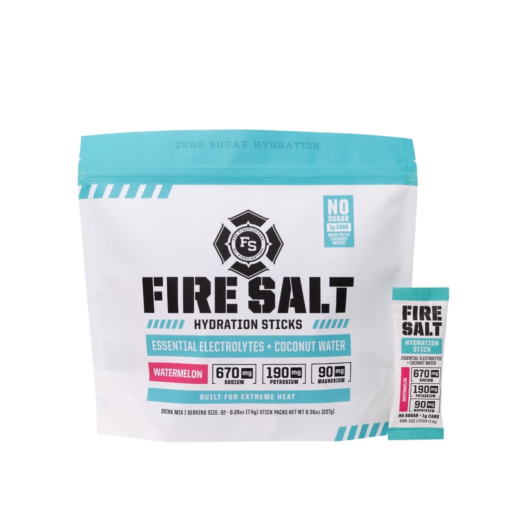 Fire Science Fire Salt Hydratation Sticks, Electrolytes & Eau de noix de coco, Mélange de boisson d'hydratation avec Magnésium, Potassium & Sodium, Zéro Sucre, Servir seul sur les paquets de go, Saveur de pastèque, 32 Comte