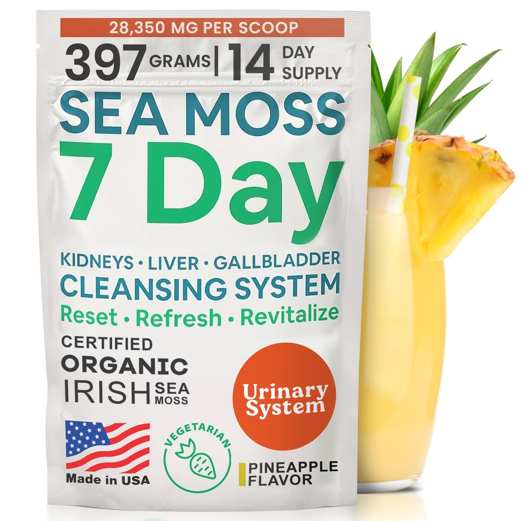 Atlantic Naturals Sea Moss 7 Day Detox Lever, Gallblader & Nierreiniging - Ondersteuning met Dandelion Root, Milk Thistle, Burdock Root, Red Clover, Chanca Piedra - Ananas Flavor Drink Mix (14 oz)