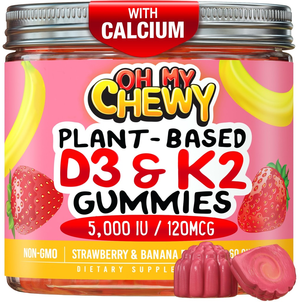 Vitamine au centre D3 K2 Gommies - Enfants, adolescents et adultes - Supplément pour les dents, les os, l'énergie et l'immunité - 5000 UI D3, 120 mcg K2(MK-7), 120 mg de calcium - Végétaux et non-OGM - 120 Nombre