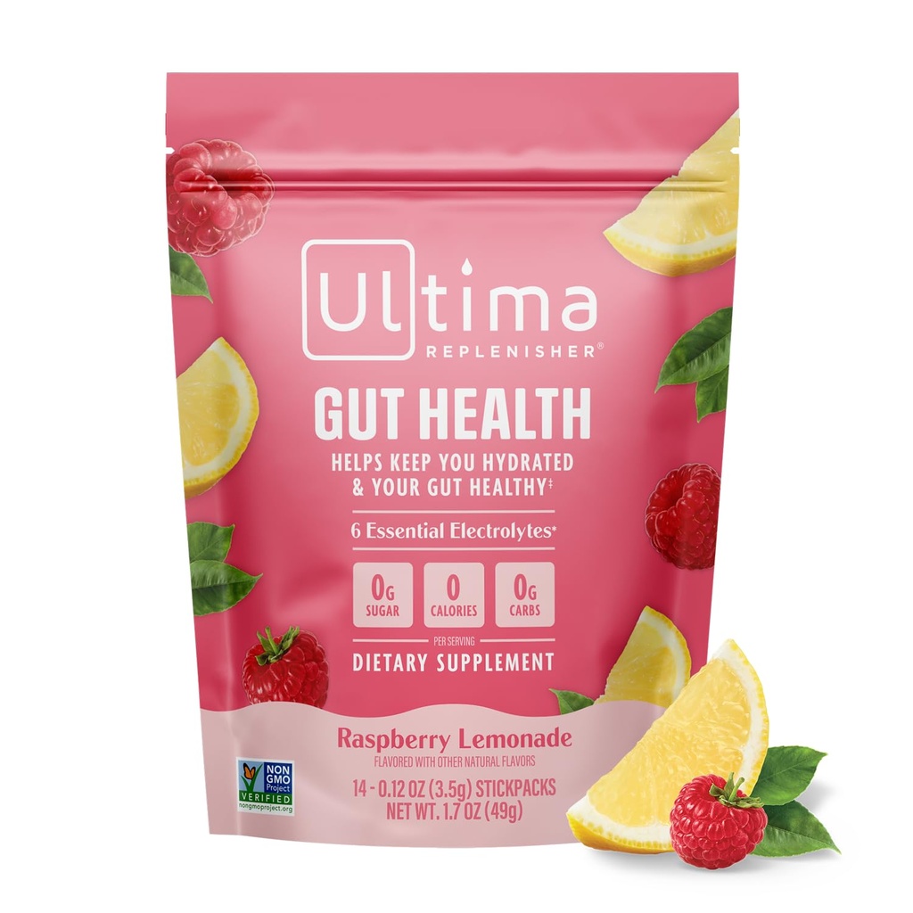 Ultima Replenisher Gut Health Supplement and Electrolytes Powder - Raspberry Lemonade, 14 Stickpacks - Hydration Packets met Toegevoegd Gut Health Voordelen