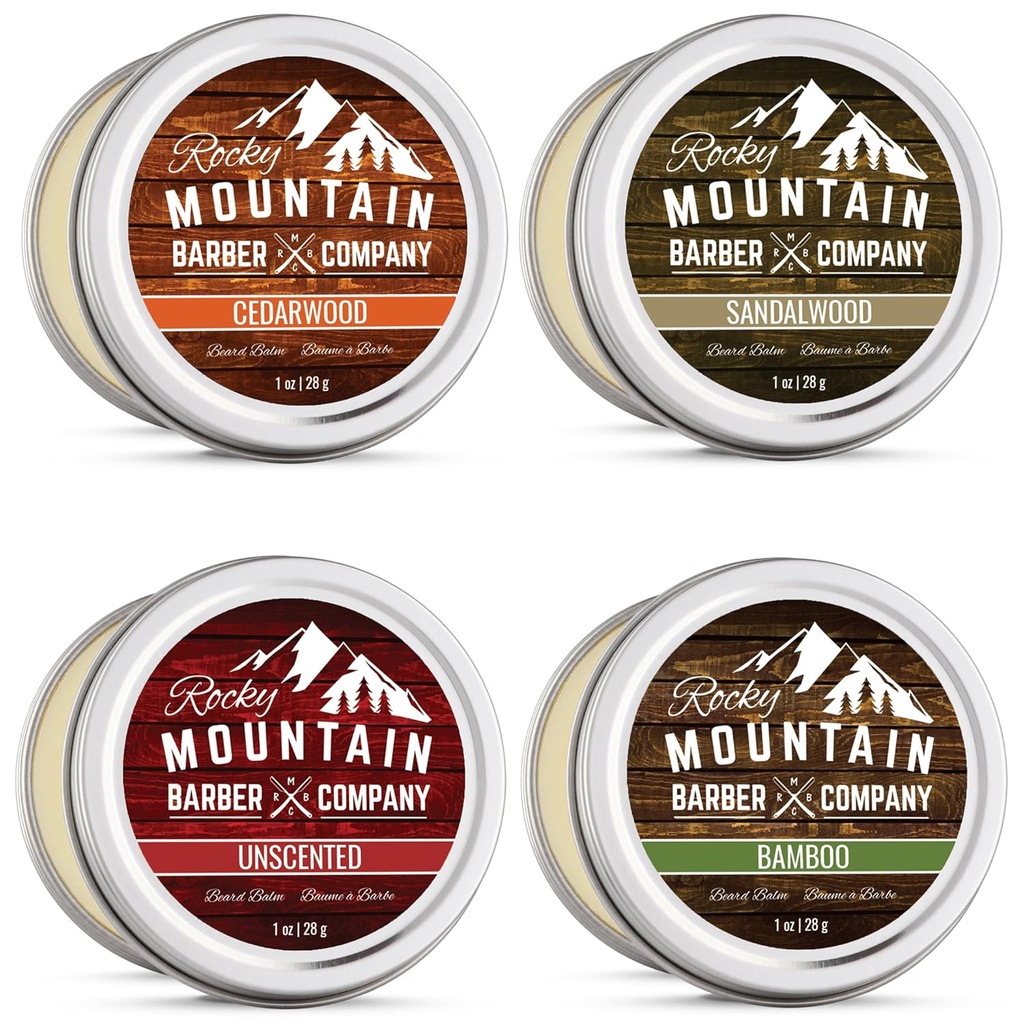 Lot de variétés de baume à barbe - 4 échantillons naturels (1 oz chacun) avec huile d'argan, beurre de karité, huile de coco et huile de jojoba - riche en vitamines et minéraux
