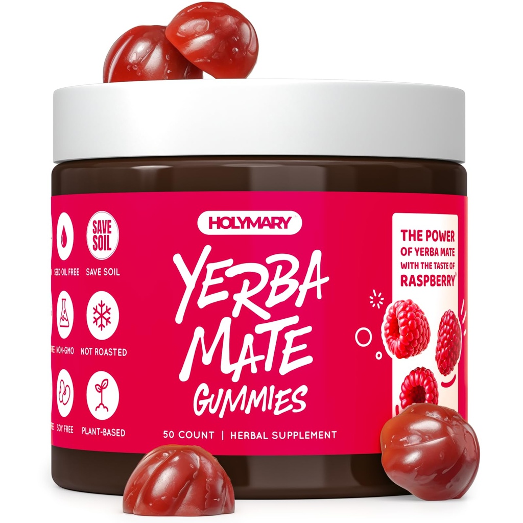 HOLYMARY Yerba Mate Gummies, Raspberry Smaak - Energie, Focus, Power Vegan, Non-GMO, Natuurlijke Ingrediënten, Glutenvrij, 50 Heerlijke Supplement Gummies