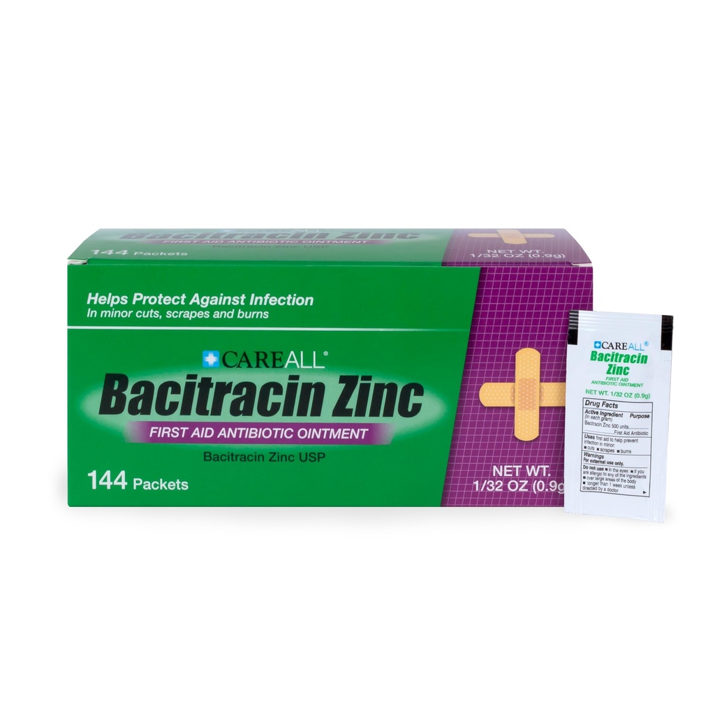 CareAlle Bacitracin Antibiotische Zink Zalf (144 Pack), 0,9gr Foil Packet. Eerste hulp zalf die infecties voor kleine sneetjes, scrapes en brandwonden voorkomt